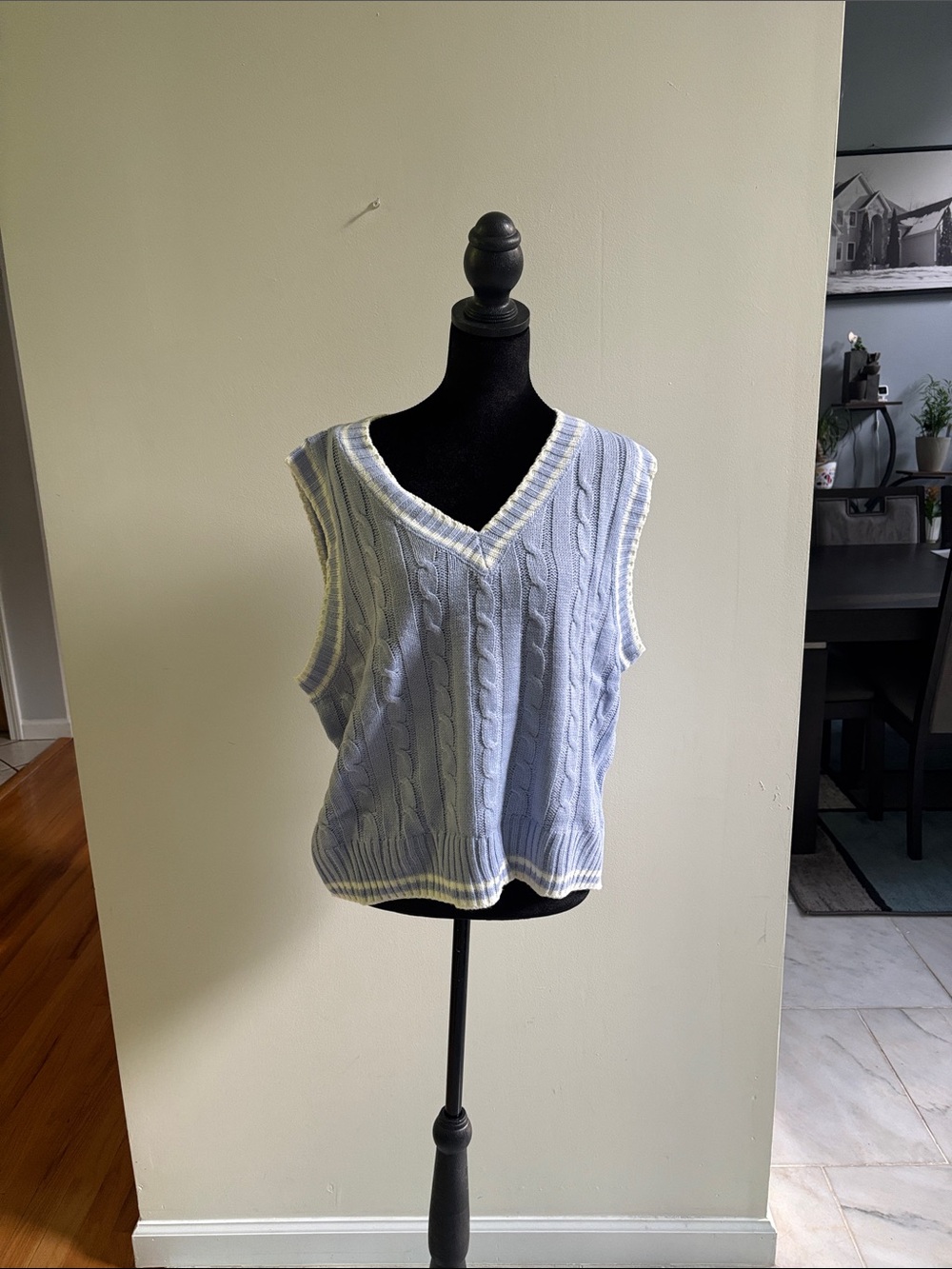 Knit Cable V-Neck Sweater Vest in Light Blue with White Trim